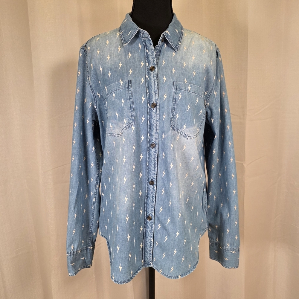 Vans Light Blue Denim Button-Up Shirt with White Lightning Print